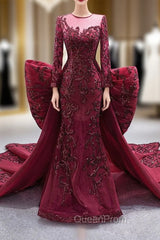 Burgundy Mermaid Tulle Sequins Evening Prom Dresses With Detachable Train