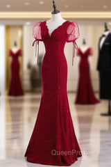 Burgundy Mermaid V-neck Puff Sleeve Evening Prom Dresses