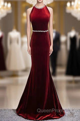 Burgundy Mermaid Velvet Backless Evening Prom Dresses
