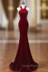 Burgundy Mermaid Velvet Halter Pearls Evening Prom Dresses