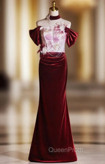 Burgundy Mermaid Velvet Off the Shoulder Pleats Flower Evening Prom Dresses