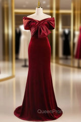 Burgundy Mermaid Velvet Off the Shoulder Pleats Evening Prom Dresses