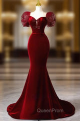 Burgundy Mermaid Velvet Puff Sleeve Bow Evening Prom Dresses