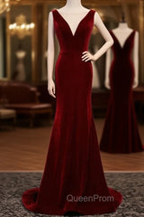 Burgundy Mermaid Velvet See Through V-neck Evening Prom Dresses