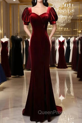 Burgundy Mermaid Velvet Short Sleeve Evening Prom Dresses
