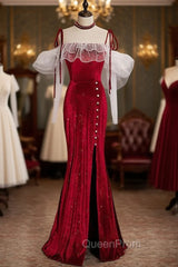 Burgundy Mermaid Velvet Spaghetti Straps Evening Prom Dresses With Split