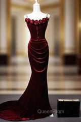 Burgundy Mermaid Velvet Straps Flwoer Evening Prom Dresses