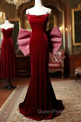 Burgundy Mermaid Velvet Straps Evening Prom Dresses With Bow