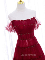 Burgundy Off Shoulder Long Evening Prom Dresses, Burgundy Evening Dresses with Beading Sequin