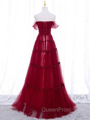 Burgundy Off Shoulder Long Evening Prom Dresses, Burgundy Evening Dresses with Beading Sequin