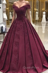 Burgundy off shoulder satin lace long Evening Prom Dresses, burgundy evening Dresses