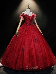 Burgundy Off Shoulder Tulle Lace Long Evening Prom Dresses, Burgundy Lace Sweet 16 Dresses