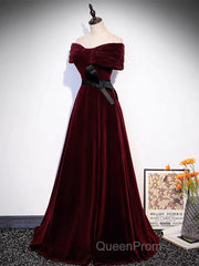 Burgundy Off The Shoulder Velvet Long Evening Prom Dresses