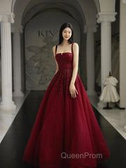 Burgundy Evening Prom Dresses A Line Straps Tulle Evening Dresses