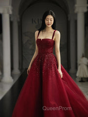 Burgundy Evening Prom Dresses A Line Straps Tulle Evening Dresses