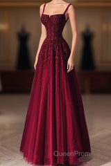 Burgundy Evening Prom Dresses A Line Straps Tulle Evening Dresses