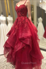 Burgundy Evening Prom Dresses, A-line V Neck Spaghetti Straps Long/Floor-Length Lace Evening Prom Dresses With Beading