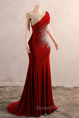 Burgundy Evening Prom Dresses Bodycon Velvet Long Evening Dresses with Embroidered Beadings
