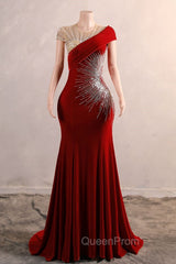 Burgundy Evening Prom Dresses Bodycon Velvet Long Evening Dresses with Embroidered Beadings