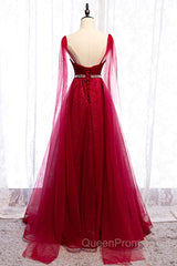 Burgundy Evening Prom Dresses, Spagetti-Strap Sleeveless Evening Prom Dresses Tulle Ruffles with Beadings
