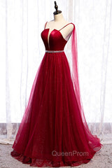 Burgundy Evening Prom Dresses, Spagetti-Strap Sleeveless Evening Prom Dresses Tulle Ruffles with Beadings