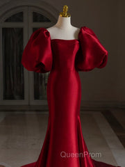 Burgundy Puff Sleeves Satin Burgundy Long Evening Prom Dresses, Burgundy Long Formal Dresses