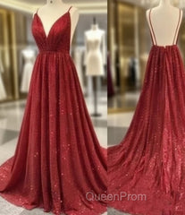 Burgundy Robe De Soiree A-Line V-Neck Sequins Sparkle Crystals Backless Sexy Long Evening Prom Dresses Evening Prom Gown Evening Dresses