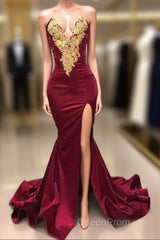 Burgundy Robe De Soiree Mermaid Sweetheart Appliques Beaded Slit Sexy Long Evening Prom Dresses Evening Prom Gown Evening Dresses