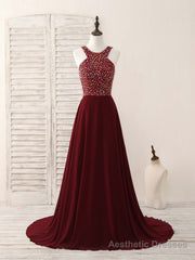 Burgundy Round Neck Chiffon Beads Long Prom Dress