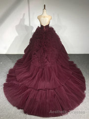 Burgundy Round Neck Tulle Burgundy Long Prom Gown, Burgundy Long Evening Dress