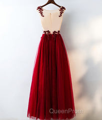 Burgundy round neck tulle lace long Evening Prom Dresses, bridesmaid Dresses
