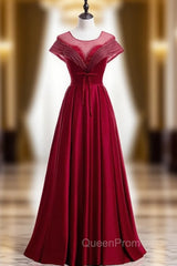 Burgundy Satin Backless Cap Sleeve Beading Pleats Evening Prom Dresses