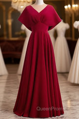 Burgundy Satin Bat Sleeve V-neck Evening Prom Dresses