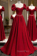 Burgundy Satin Beads Long Evening Prom Dresses, Burgundy Long Evening Dresses