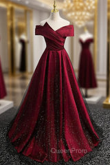 Burgundy Satin Black Tulle Off the Shoulder Pleats Evening Prom Dresses