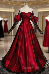 Burgundy Satin Black Tulle Sweetheart Evening Prom Dresses