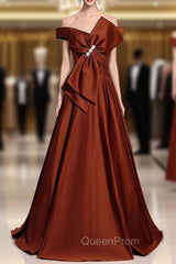 Burgundy Satin Bow Off the Shoulder Evening Prom Dresses