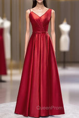 Burgundy Satin Dissymmetry Neck Beading Evening Prom Dresses