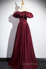 Burgundy Satin Floor Length Evening Prom Dresses, Simple A-Line Evening Party Dresses