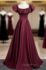 Burgundy Satin Floor Length Evening Prom Dresses, Simple A-Line Evening Party Dresses