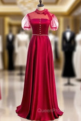 Burgundy Satin High Neck Short Sleeve Backless Beading Evening Prom Dresses