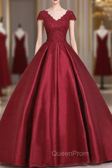 Burgundy Satin Lace Applique Scoop Neckline Long Evening Prom Dresses