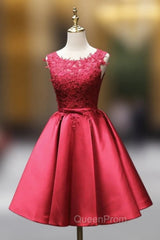 Burgundy Satin Lace Beading Homecoming Dresses