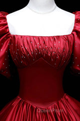 Burgundy Satin Long A-Line Evening Prom Dresses, Burgundy Evening Dresses