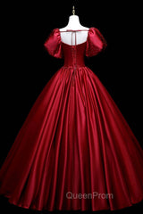 Burgundy Satin Long A-Line Evening Prom Dresses, Burgundy Evening Dresses