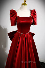 Burgundy Satin Long Evening Prom Dresses, A-Line Evening Dresses with Bow