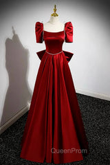 Burgundy Satin Long Evening Prom Dresses, A-Line Evening Dresses with Bow