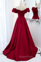 Burgundy Satin Long Evening Prom Dresses, A-Line Off Shoulder Evening Party Dresses