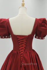 Burgundy Satin Long Evening Prom Dresses, A-Line Short Sleeve Evening Dresses