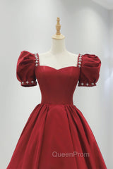 Burgundy Satin Long Evening Prom Dresses, A-Line Short Sleeve Evening Dresses